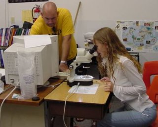 Student views an amphipod under a microscope, while a researcher uses a computer nearby in a classroom setting.
