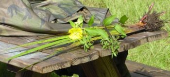 Bright yellow flower and green foliage spread on a weathered wooden picnic table.