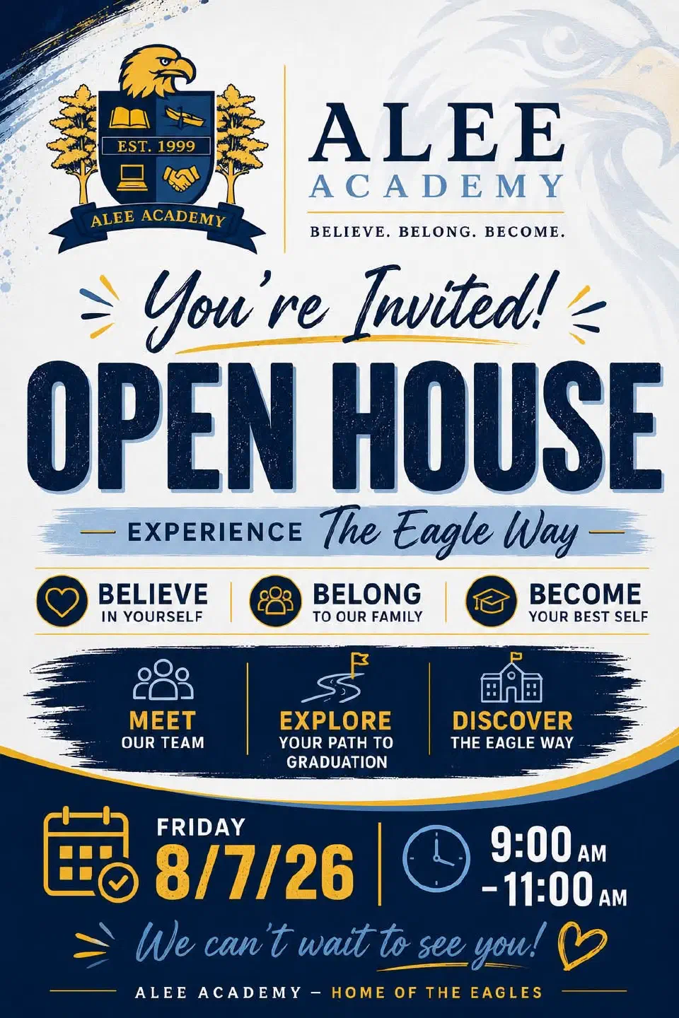 Alee Academy Open House flyer announcing the August 7, 2026 welcome event for enrolled students and their families.