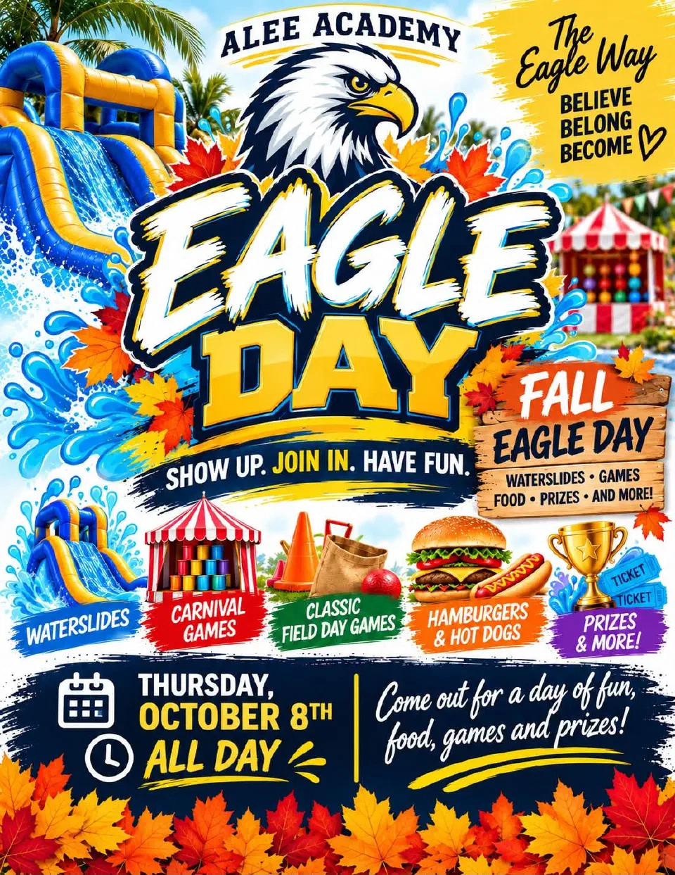 Fall Eagle Day flyer for Alee Academy featuring waterslides, carnival and field day games, hamburgers, hot dogs, and prizes on October 8, 2026.